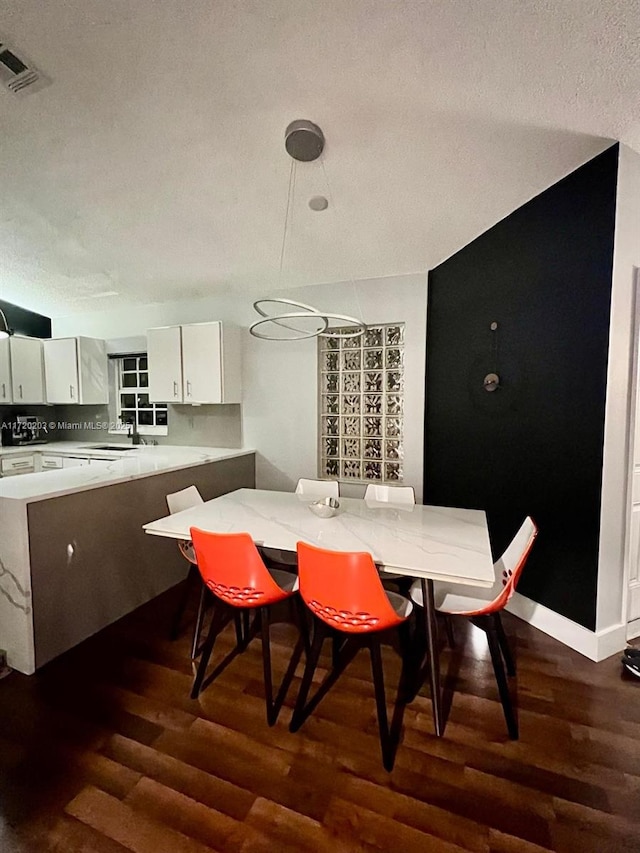 dining space featuring sink and dark hardwood / wood-style flooring