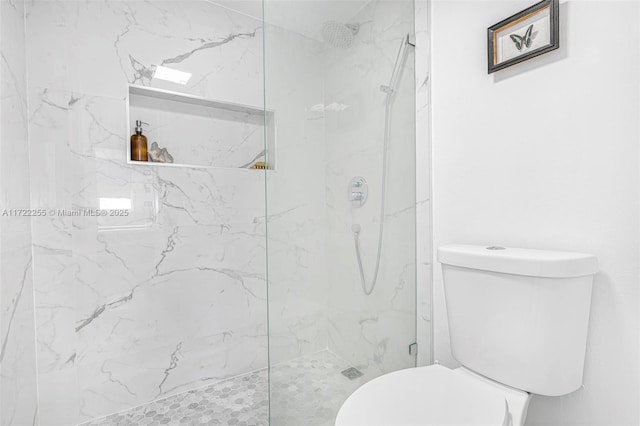 bathroom with tiled shower and toilet