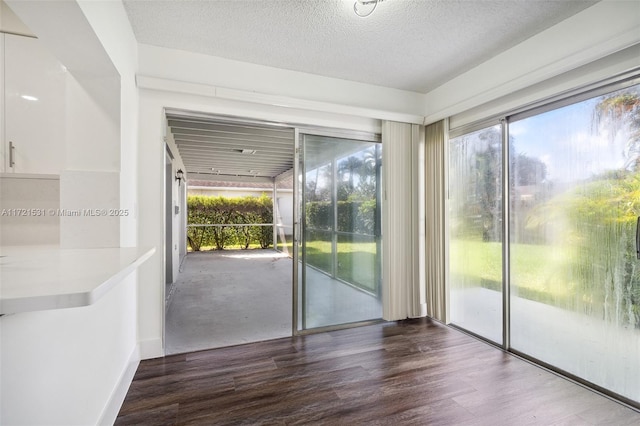 interior space featuring dark wood-type flooring and a textured ceiling