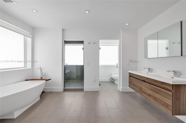 full bathroom featuring vanity, toilet, and independent shower and bath