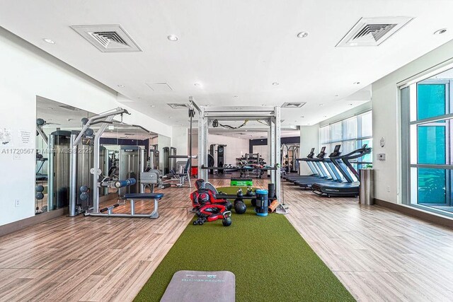 workout area with hardwood / wood-style floors