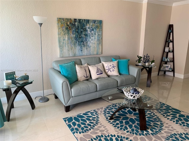 tiled living room with ornamental molding