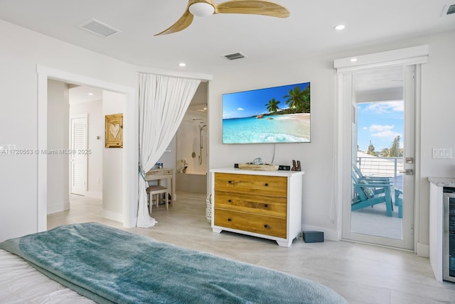 bedroom with access to exterior, ceiling fan, and beverage cooler