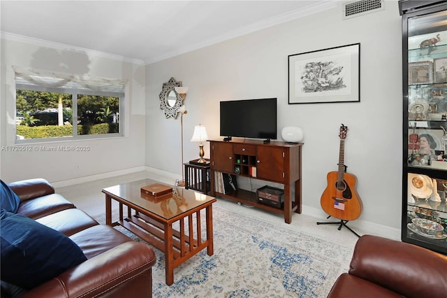 living room with light carpet and crown molding