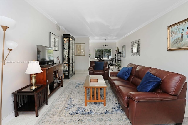 living room with ornamental molding