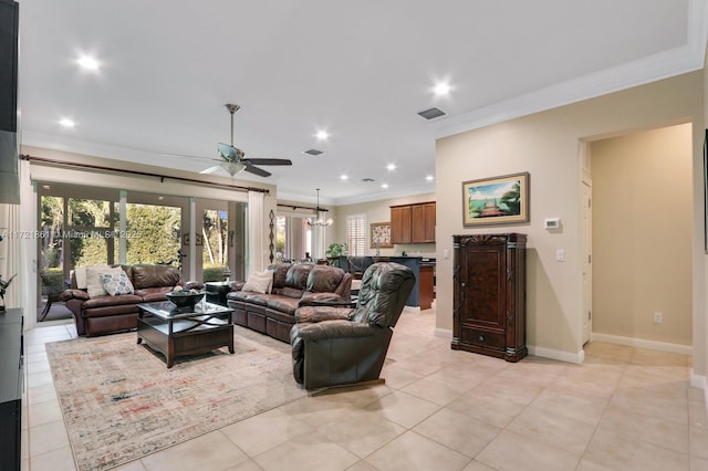 living room featuring ceiling fan, ornamental molding, and light tile patterned flooring