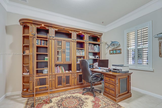 office area featuring light tile patterned floors, ornamental molding, and baseboards