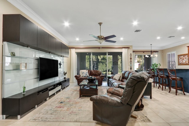 living area featuring light tile patterned floors, visible vents, ceiling fan, crown molding, and recessed lighting