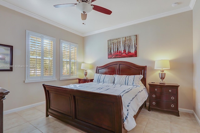 bedroom featuring ceiling fan, light tile patterned floors, and ornamental molding