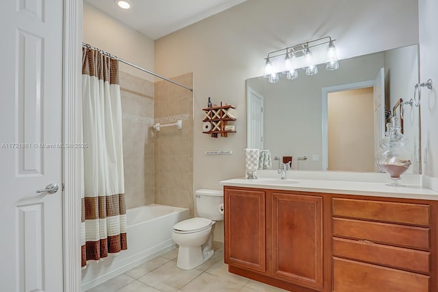 full bathroom with tile patterned flooring, vanity, toilet, and shower / bath combo with shower curtain