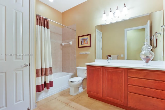 full bathroom with toilet, a sink, tile patterned floors, double vanity, and shower / bath combination with curtain