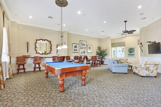 playroom with carpet, ceiling fan, crown molding, and pool table