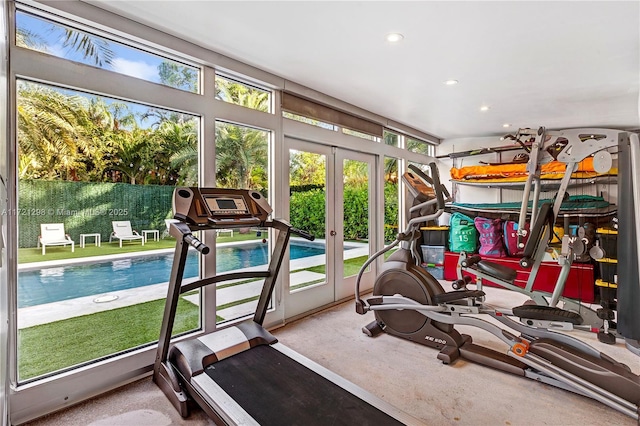 workout area featuring carpet flooring and french doors