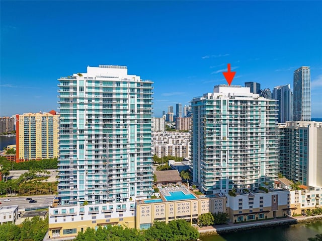 property's view of city featuring a water view