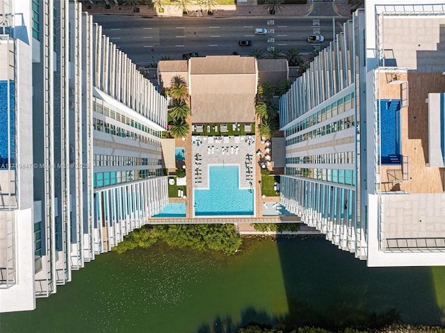 aerial view featuring a water view