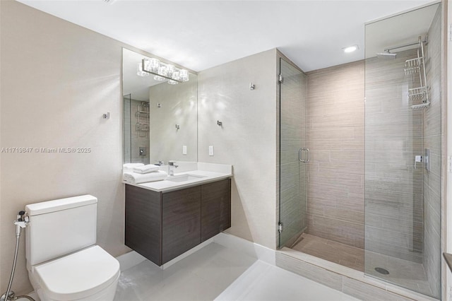 bathroom featuring vanity, tile patterned floors, toilet, walk in shower, and a notable chandelier