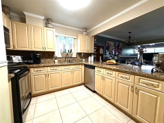 kitchen with kitchen peninsula, black electric range, dark stone counters, light tile patterned floors, and dishwasher