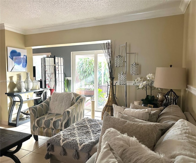 tiled living room with ornamental molding and a textured ceiling