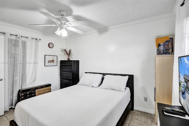 tiled bedroom with ceiling fan, crown molding, and a textured ceiling