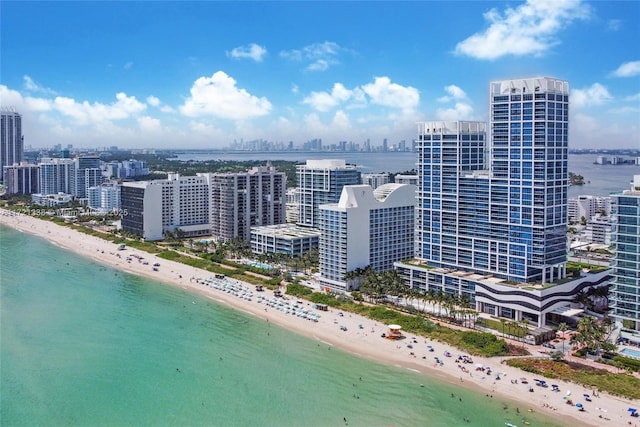 aerial view with a water view and a view of the beach