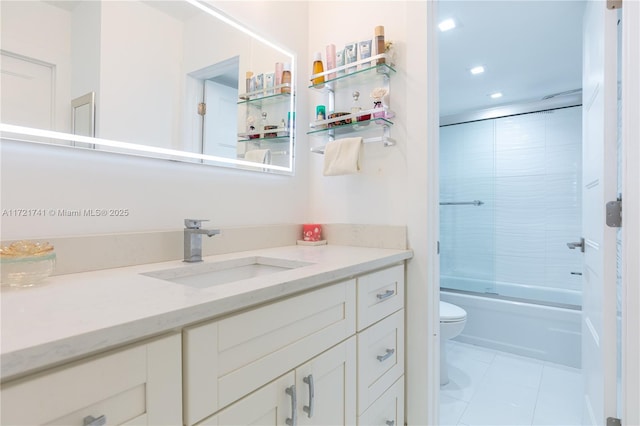 full bathroom with tile patterned floors, combined bath / shower with glass door, toilet, and vanity