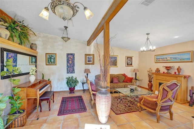 living area featuring light tile patterned floors, vaulted ceiling, and a notable chandelier