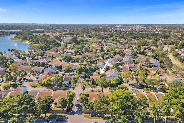 aerial view featuring a water view