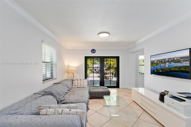 tiled living room featuring french doors and crown molding