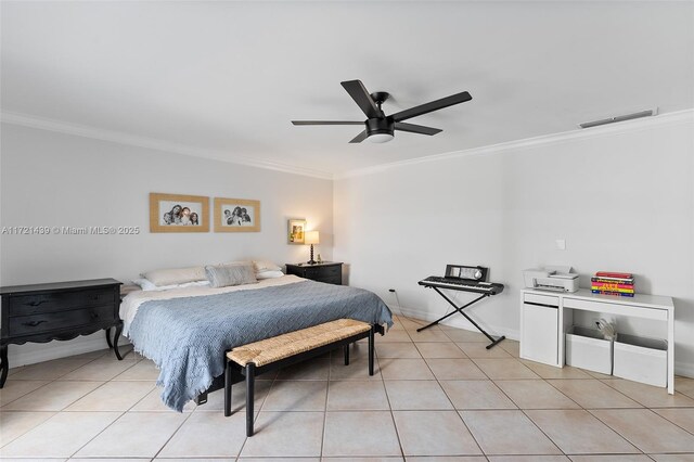 tiled bedroom featuring ceiling fan and ornamental molding