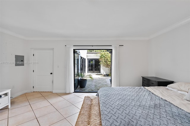 tiled bedroom featuring crown molding, access to exterior, and electric panel