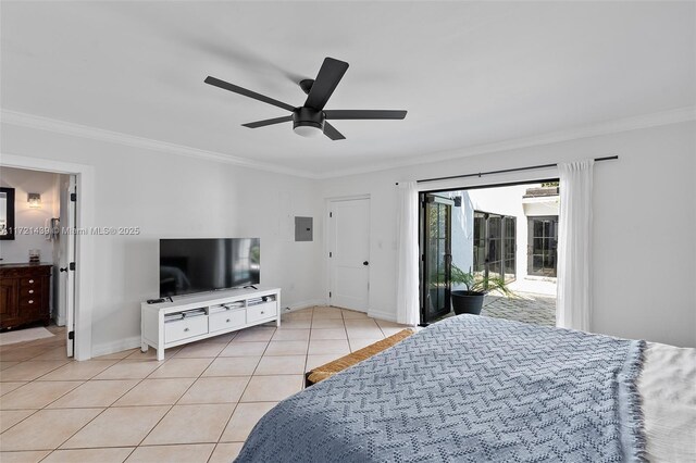 tiled bedroom with access to outside, ornamental molding, ceiling fan, and electric panel