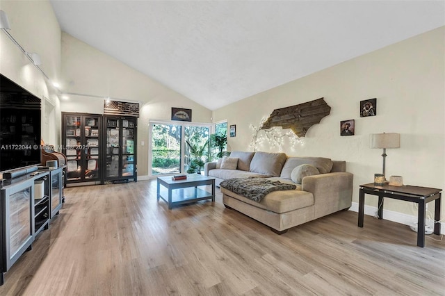 living room featuring high vaulted ceiling and light hardwood / wood-style flooring