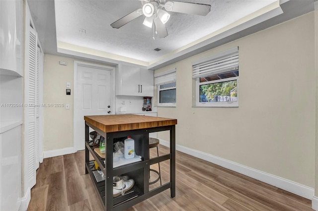 kitchen with a textured ceiling, hardwood / wood-style floors, a tray ceiling, white cabinets, and ceiling fan