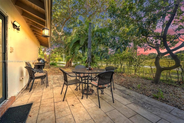 view of patio terrace at dusk