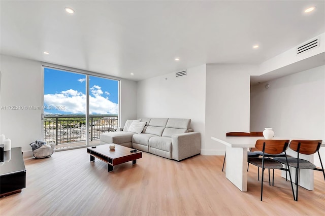 living room featuring floor to ceiling windows and light hardwood / wood-style flooring