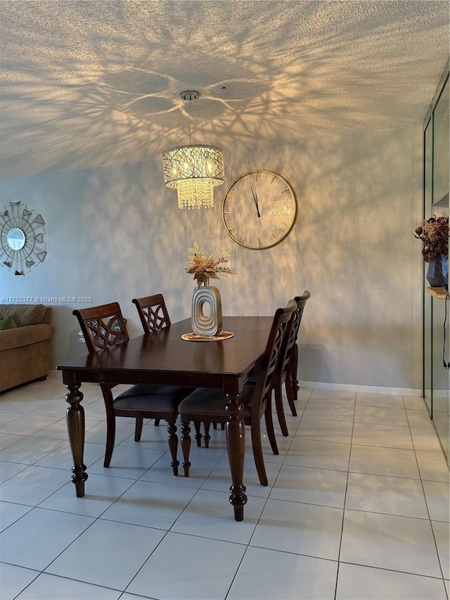 tiled dining room with a chandelier