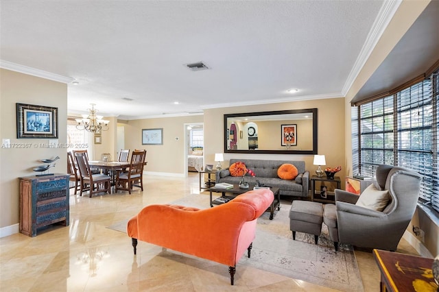 living room featuring ornamental molding and a notable chandelier