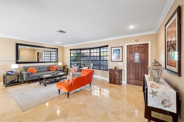 living room featuring a textured ceiling and crown molding