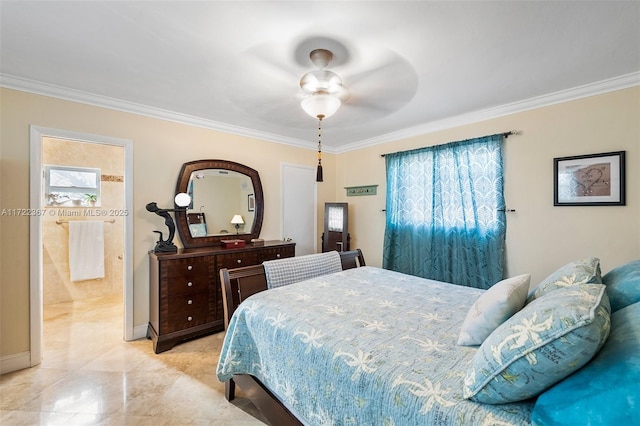 bedroom with ceiling fan, ornamental molding, and ensuite bath