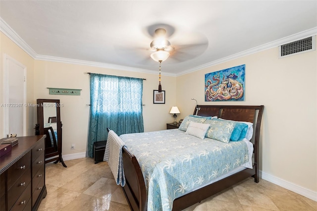 bedroom featuring ceiling fan and crown molding