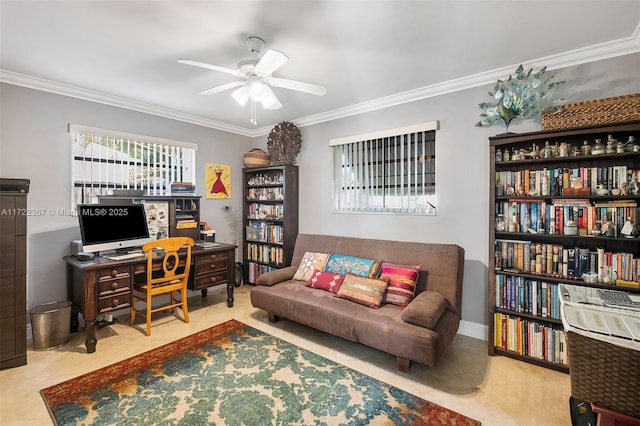 tiled office featuring ceiling fan and crown molding