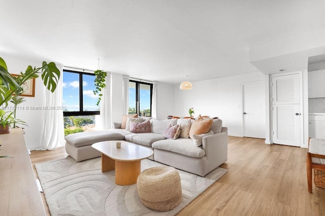 living room with light wood-type flooring and a wall of windows