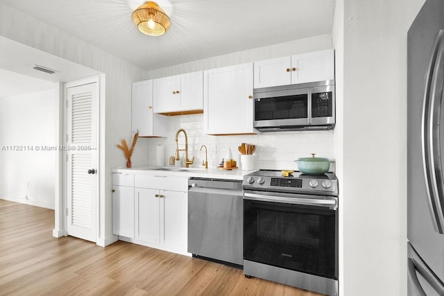 kitchen with sink, stainless steel appliances, light hardwood / wood-style floors, decorative backsplash, and white cabinets