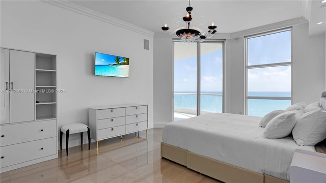 bedroom with light wood-type flooring, crown molding, access to outside, and an inviting chandelier