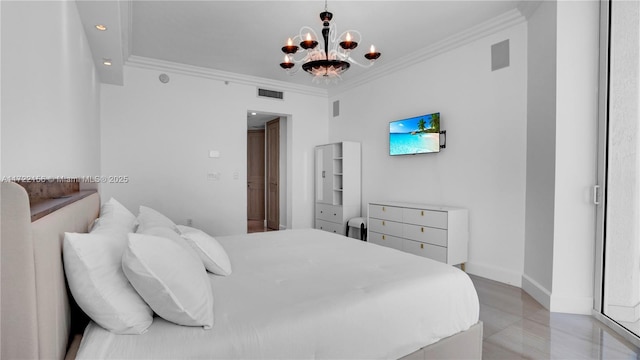 bedroom featuring ornamental molding and an inviting chandelier