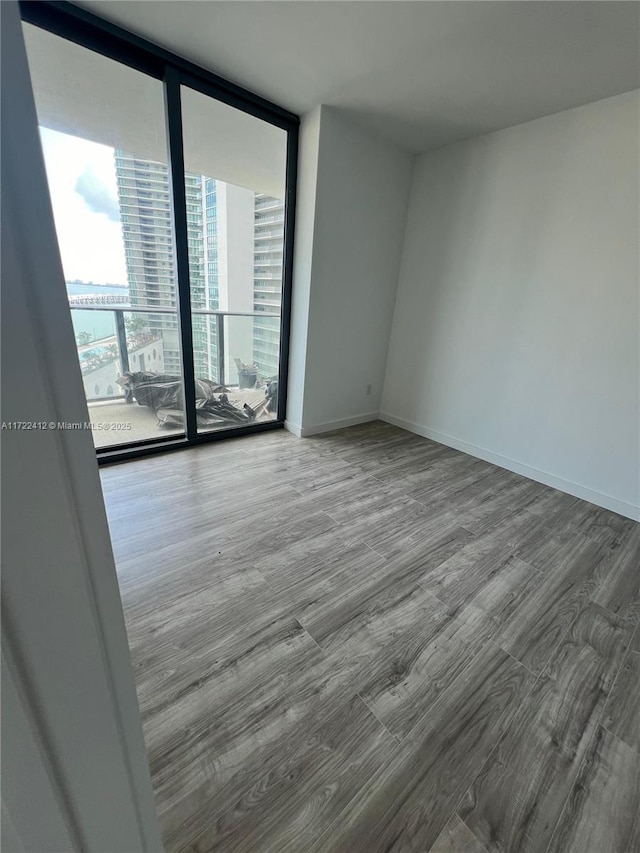 unfurnished room featuring floor to ceiling windows and wood-type flooring