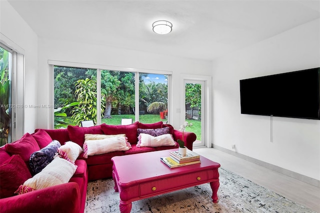 living room with concrete floors