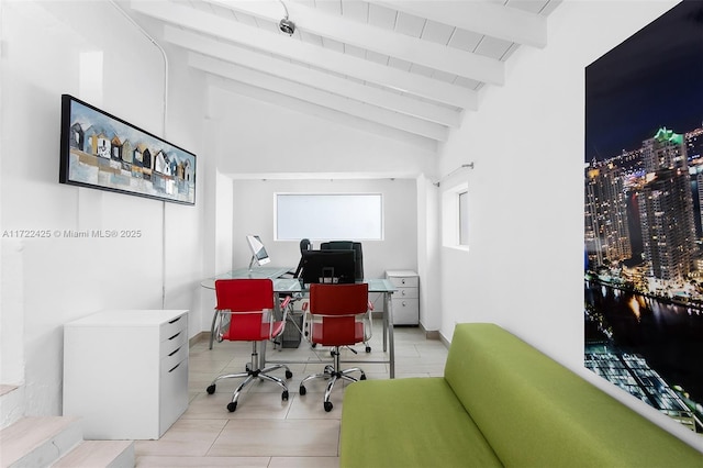 office space featuring beamed ceiling, light tile patterned flooring, wood ceiling, and high vaulted ceiling