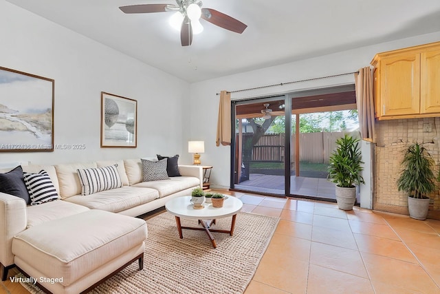 living room with light tile patterned floors and ceiling fan