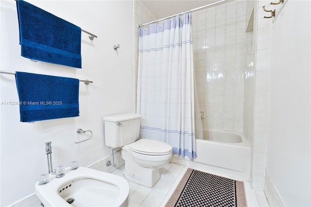 bathroom featuring toilet, shower / bath combination with curtain, tile patterned floors, and a bidet